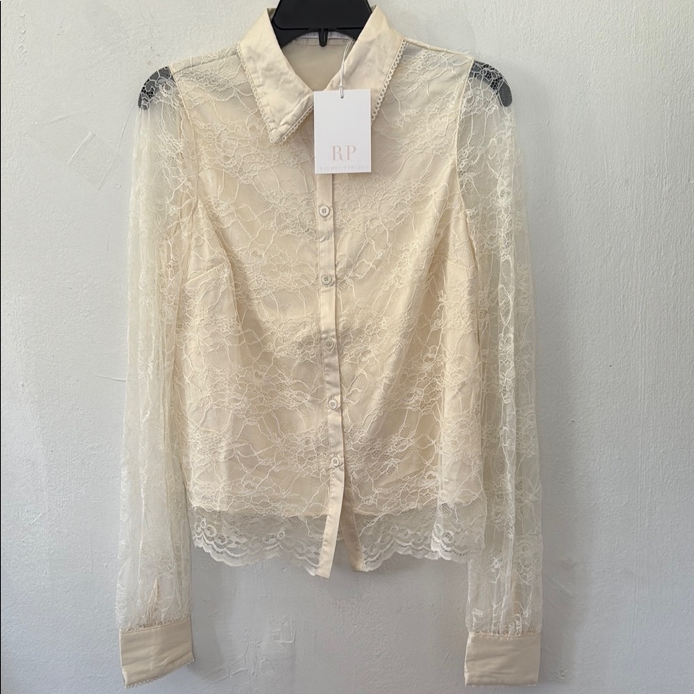 Rachel Parcell Lace Button Up_Shirt Women’s Size XS RPT108–01 Zei/Ivory NWT